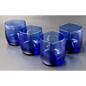 Cobalt Blue Lowball Art Glass Hand Blown Glasses Set of 4 Glasses 3.25 In Tall